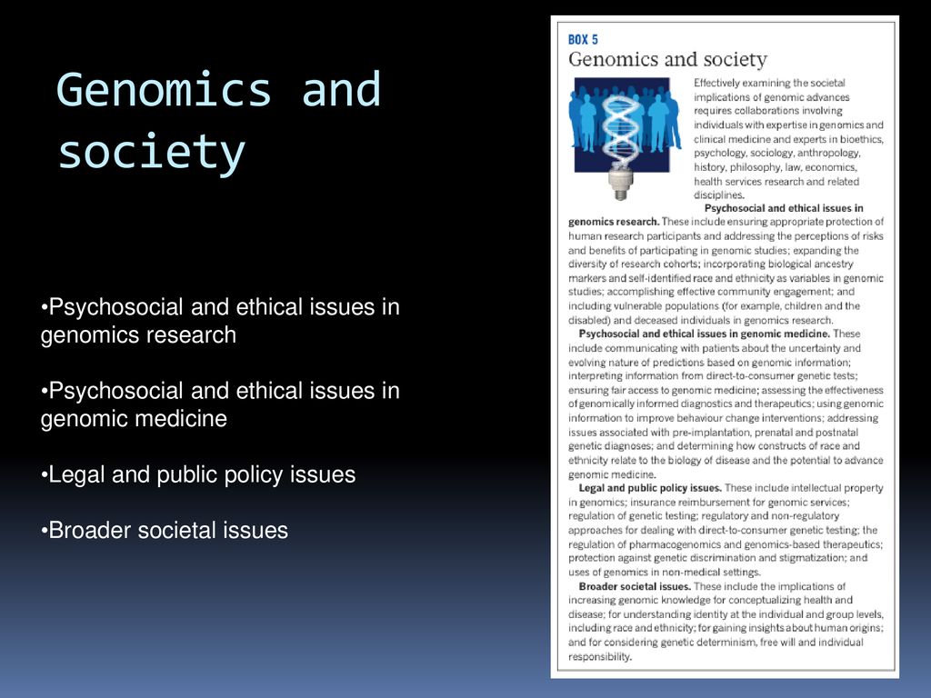 Genomics and society Psychosocial and ethical issues in genomics research. Psychosocial and ethical issues in genomic medicine.