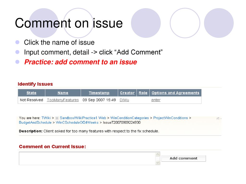 Comment on issue Click the name of issue