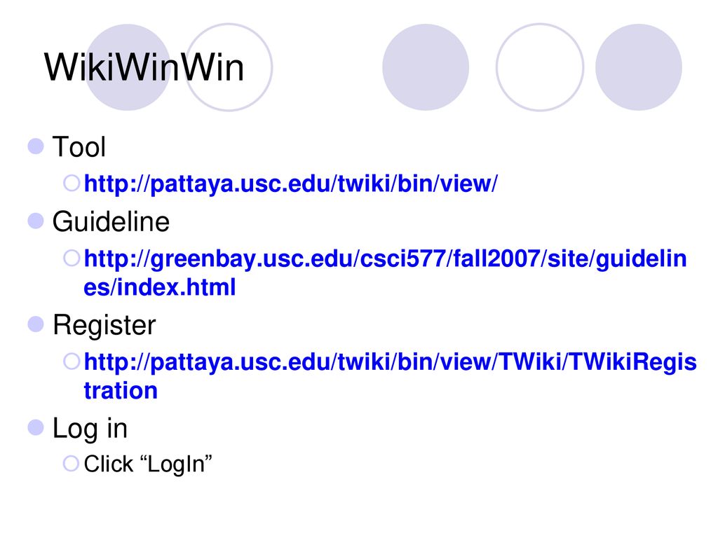 WikiWinWin Tool Guideline Register Log in