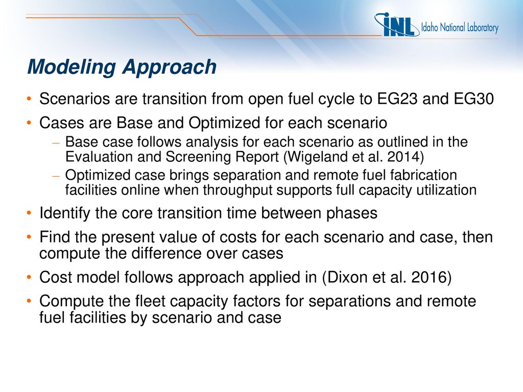 Modeling Approach Scenarios are transition from open fuel cycle to EG23 and EG30. Cases are Base and Optimized for each scenario.