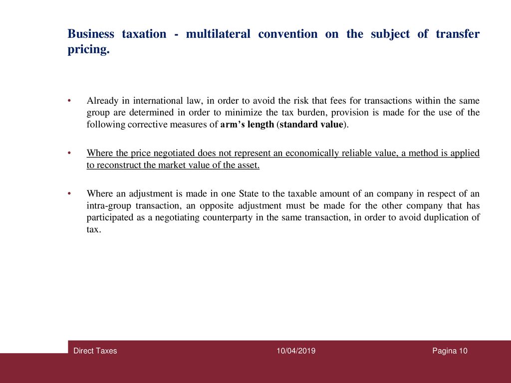 Business taxation - multilateral convention on the subject of transfer pricing.