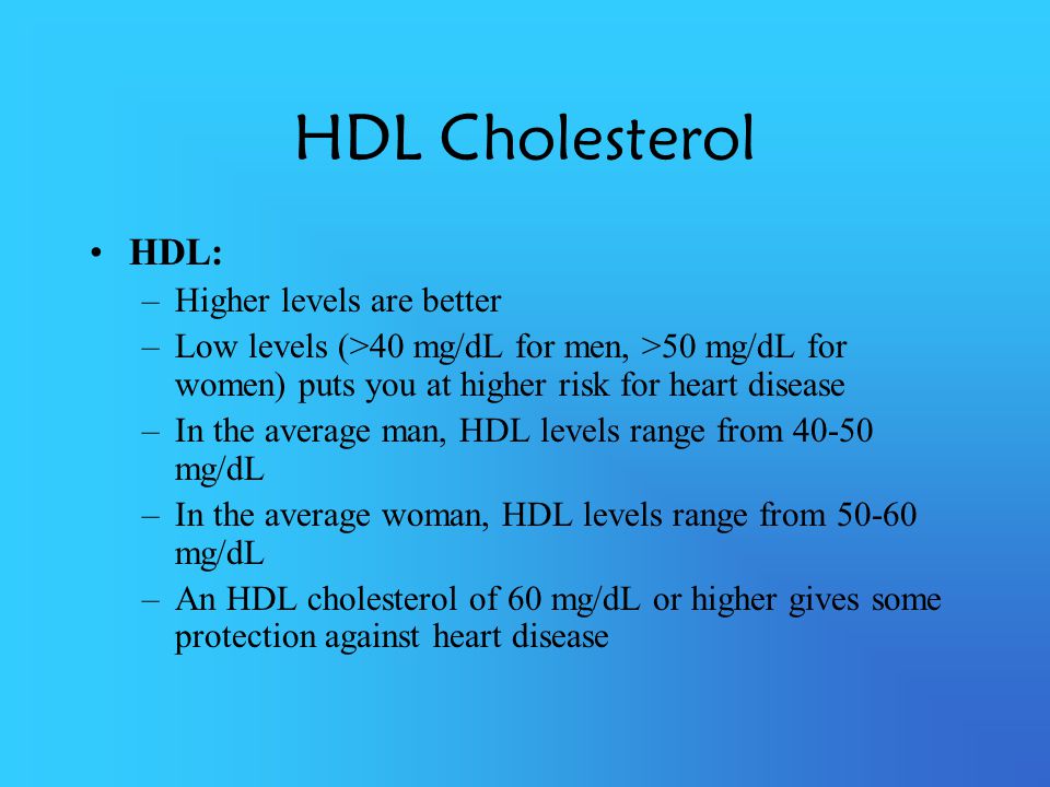 HDL Cholesterol HDL: Higher levels are better