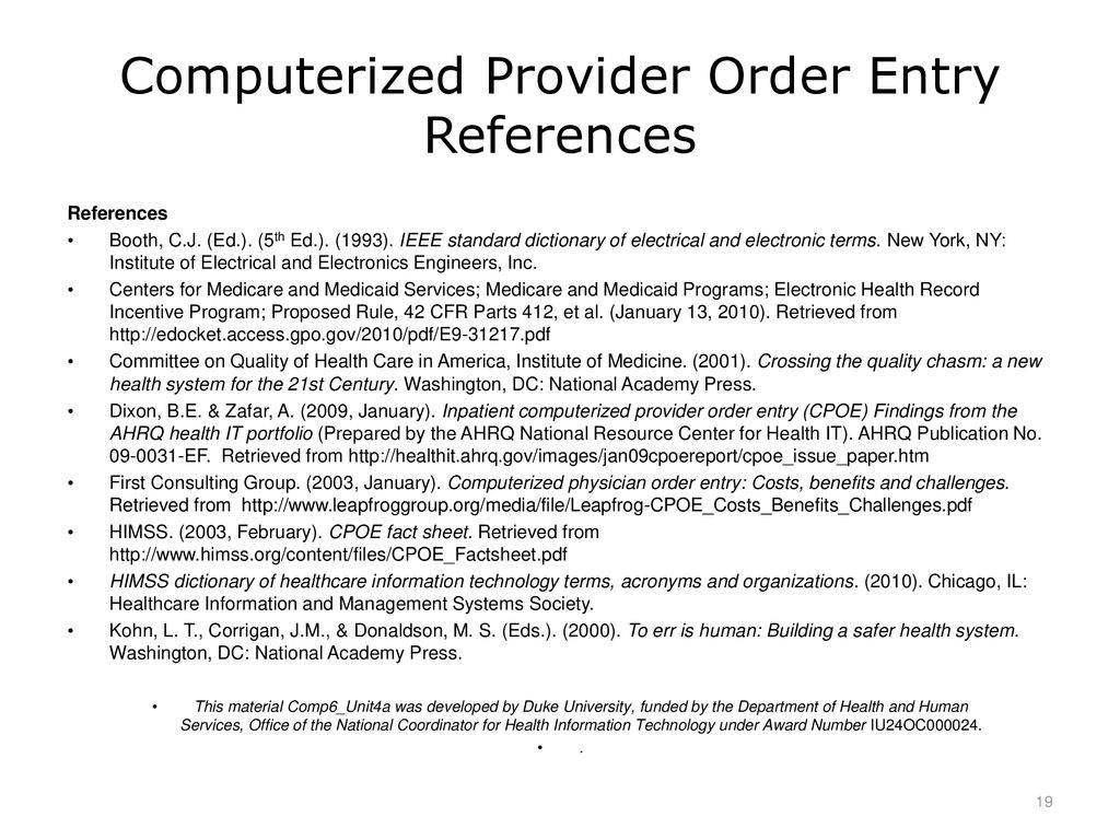 Computerized Provider Order Entry References