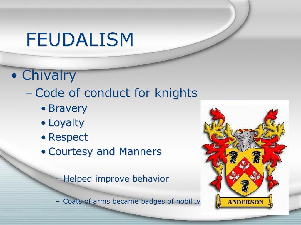 FEUDALISM Chivalry Code of conduct for knights Bravery Loyalty Respect