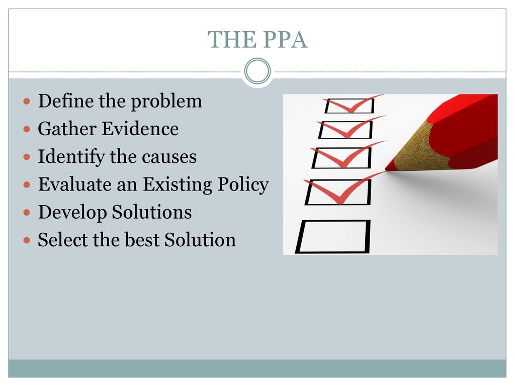 THE PPA Define the problem Gather Evidence Identify the causes