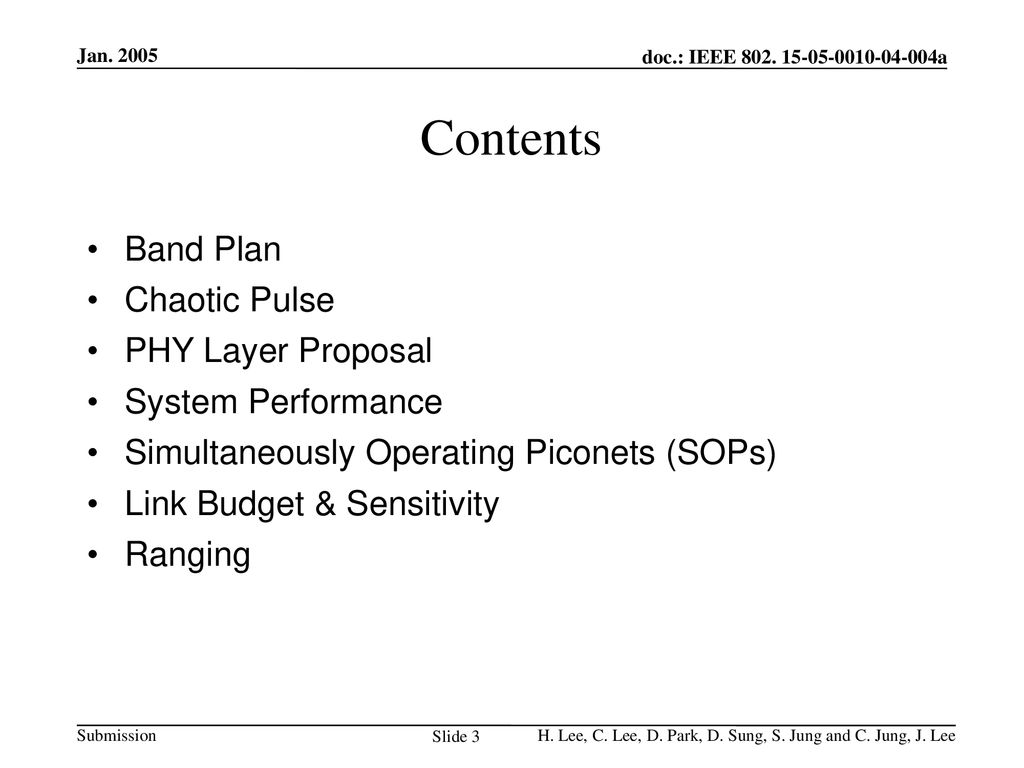 Contents Band Plan Chaotic Pulse PHY Layer Proposal System Performance