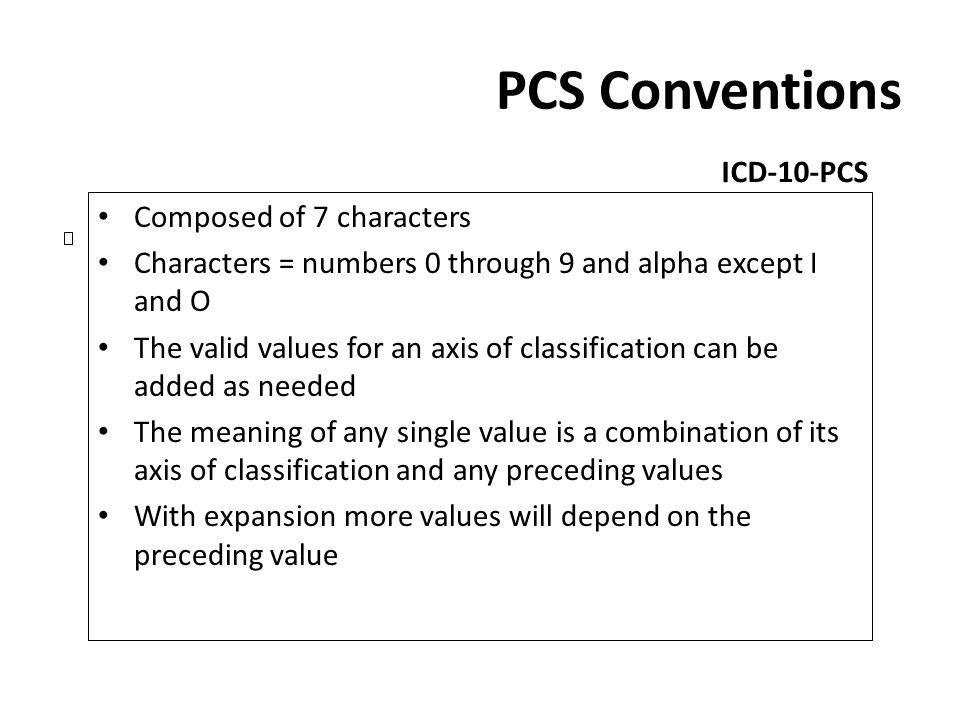 PCS Conventions ICD-10-PCS Composed of 7 characters