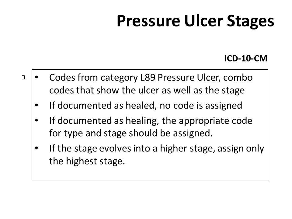 Pressure Ulcer Stages ICD-10-CM. Codes from category L89 Pressure Ulcer, combo codes that show the ulcer as well as the stage.