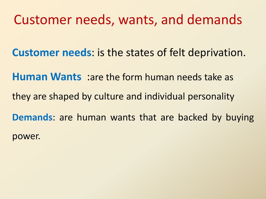 Customer needs, wants, and demands