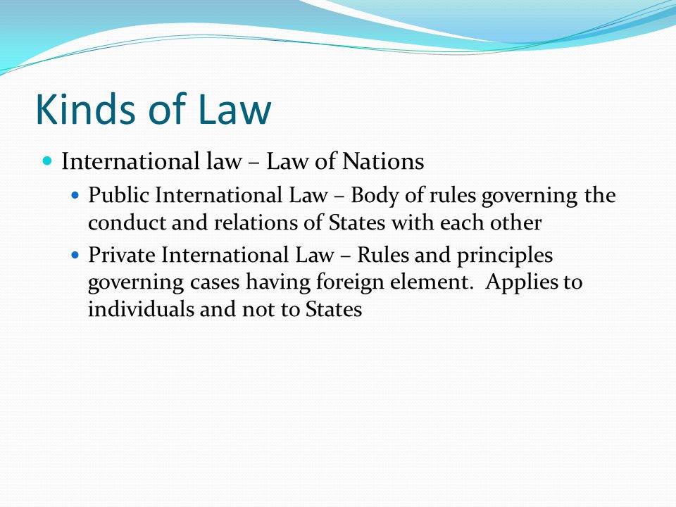 Kinds of Law International law – Law of Nations