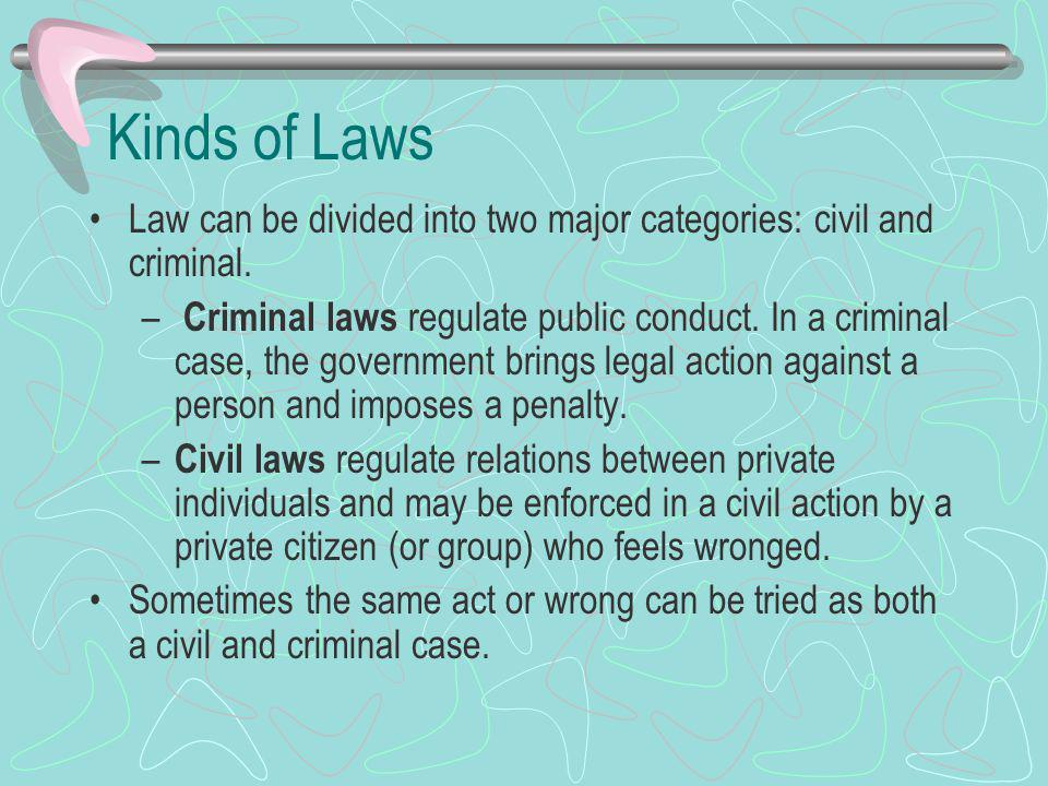 Kinds of Laws Law can be divided into two major categories: civil and criminal.