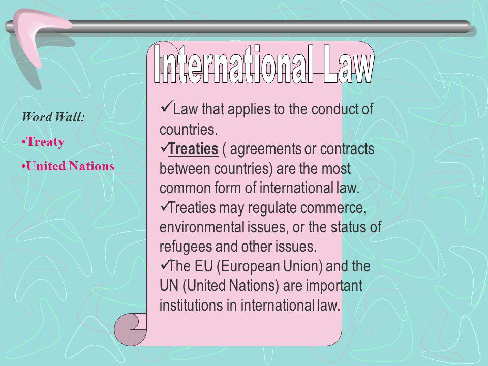 International Law Law that applies to the conduct of countries.