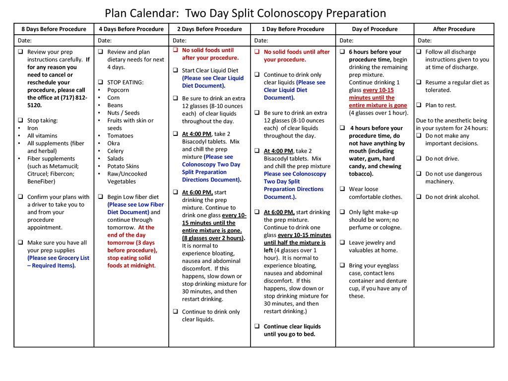 Plan Calendar: Two Day Split Colonoscopy Preparation