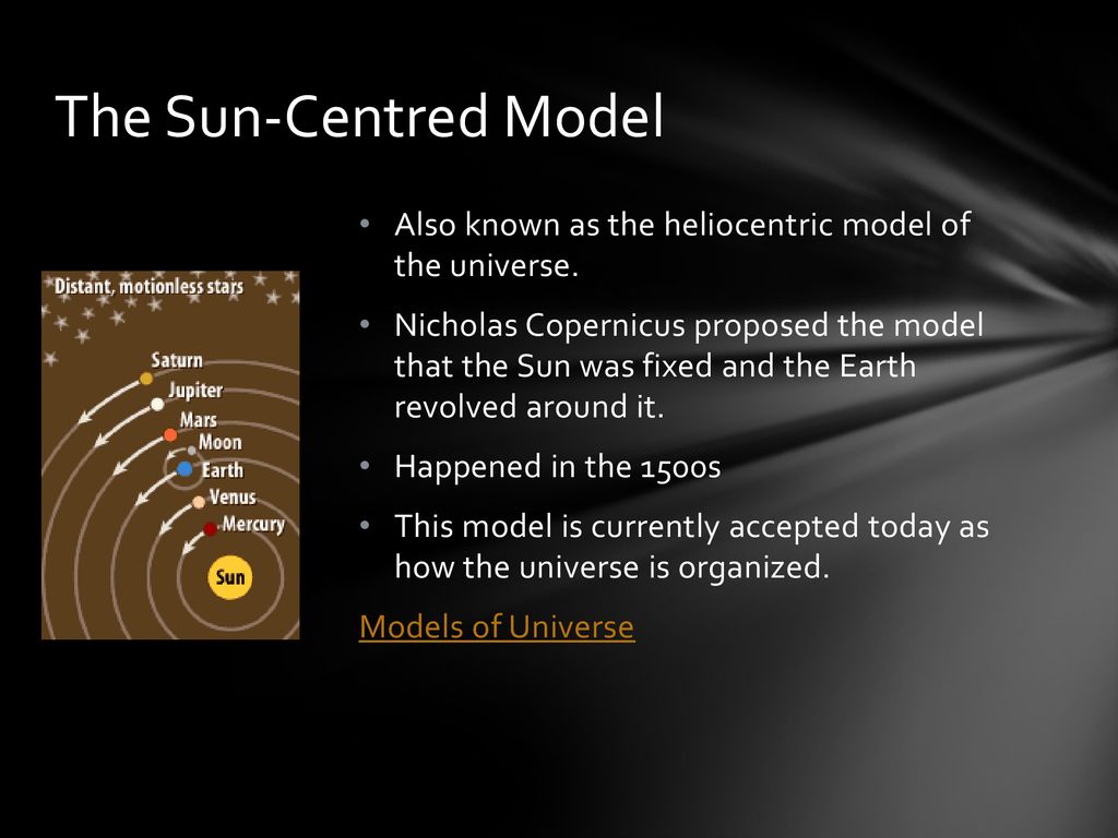 The Sun-Centred Model Also known as the heliocentric model of the universe.