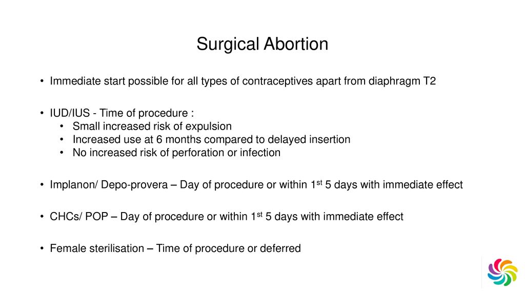 Surgical Abortion Immediate start possible for all types of contraceptives apart from diaphragm T2.