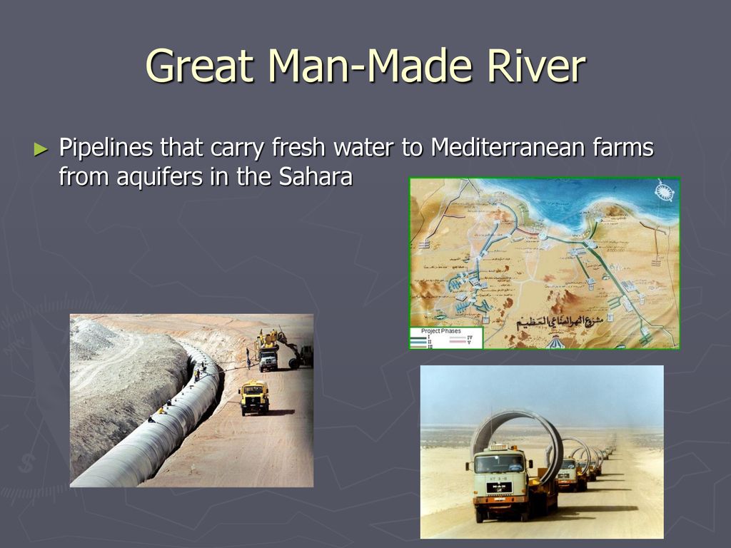 Great Man-Made River Pipelines that carry fresh water to Mediterranean farms from aquifers in the Sahara.