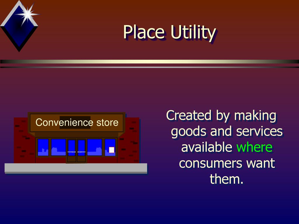 Place Utility Created by making goods and services available where consumers want them.