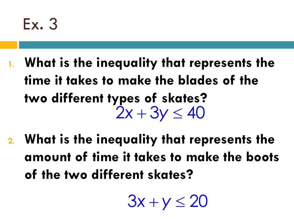 Ex. 3 What is the inequality that represents the time it takes to make the blades of the two different types of skates