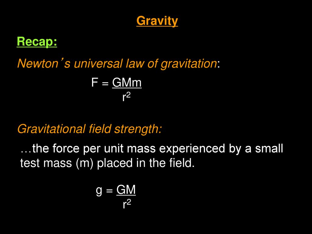Gravity Recap: Newton’s universal law of gravitation: Gravitational field strength: F = GMm r2.