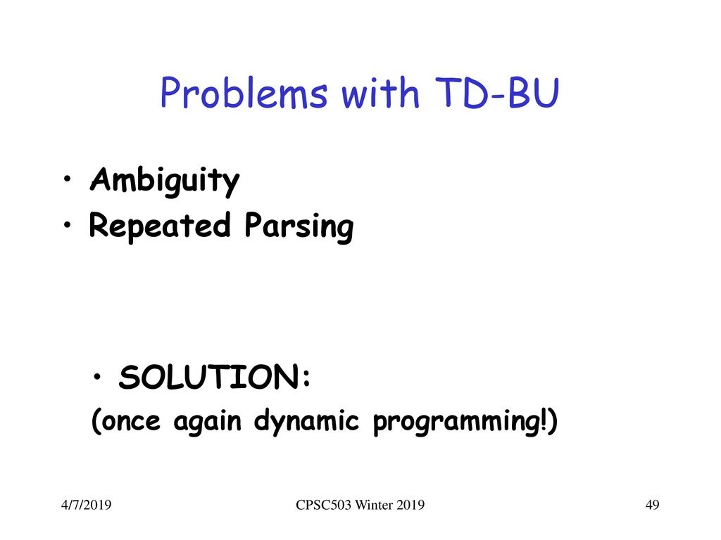 Problems with TD-BU Ambiguity Repeated Parsing SOLUTION: