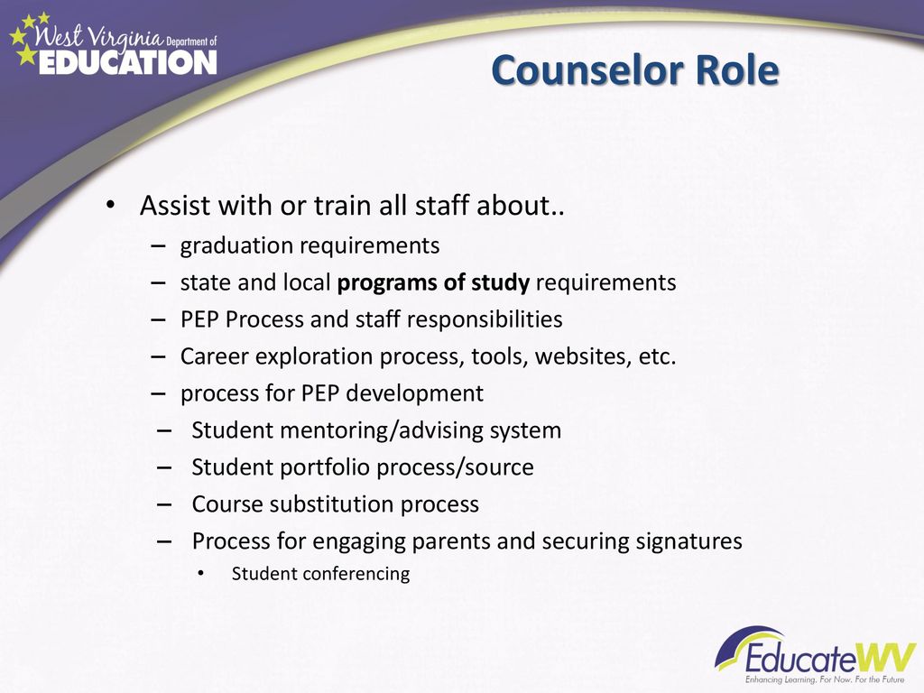 Counselor Role Assist with or train all staff about..