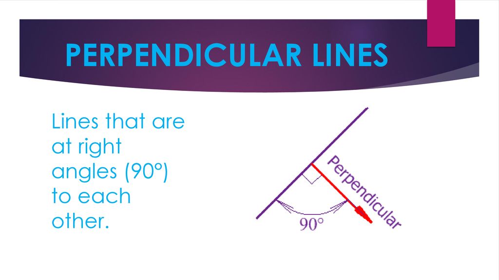 PERPENDICULAR LINES Lines that are at right angles (90°) to each other.