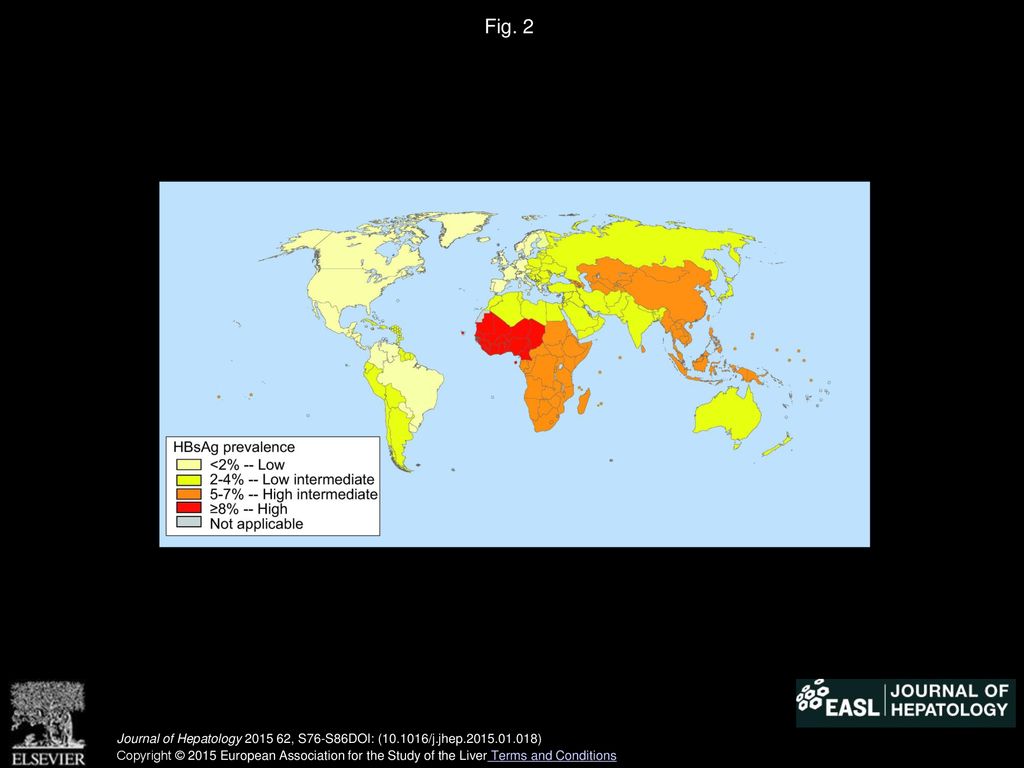 Fig. 2 Prevalence of hepatitis B infection in adults 19–49years, 2005 [16]. Journal of Hepatology , S76-S86DOI: ( /j.jhep )
