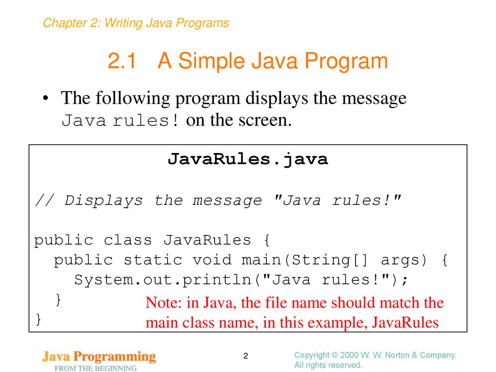 2.1 A Simple Java Program The following program displays the message Java rules! on the screen. JavaRules.java.