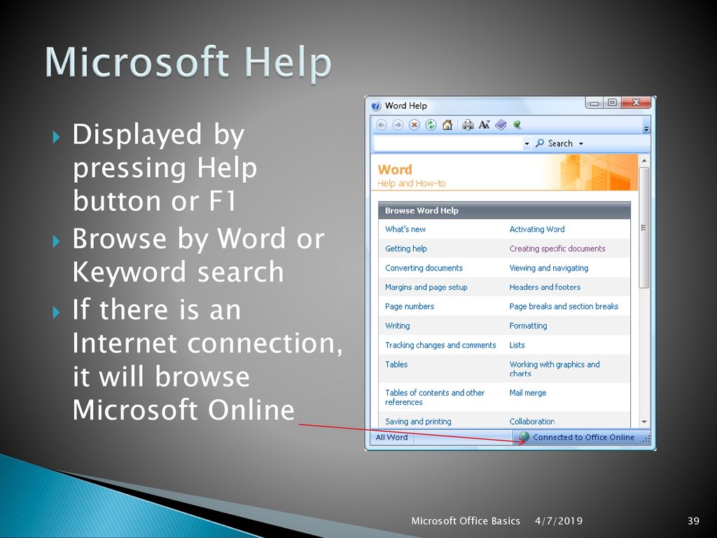 Microsoft Help Displayed by pressing Help button or F1