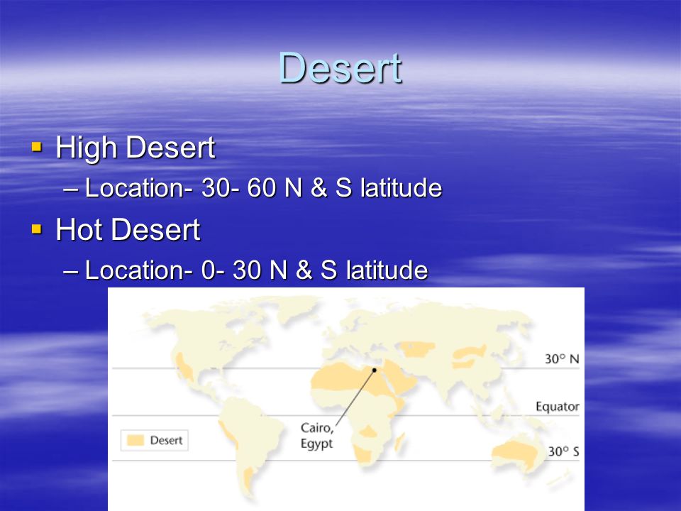 Desert High Desert Hot Desert Location N & S latitude