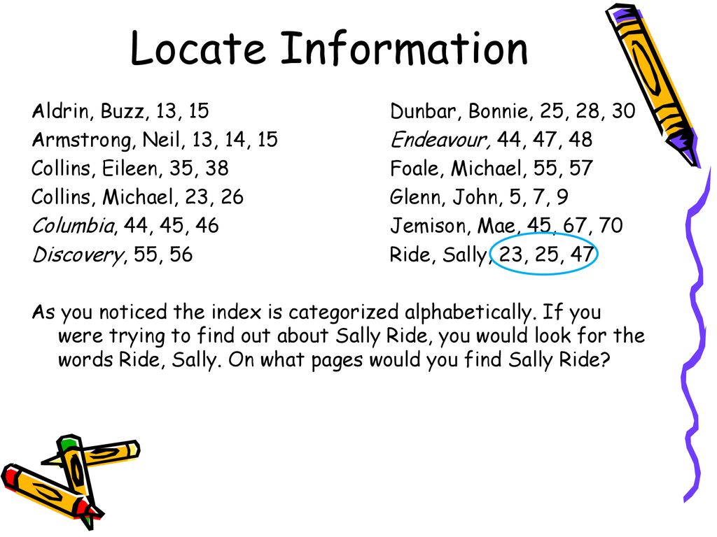 Locate Information Aldrin, Buzz, 13, 15 Dunbar, Bonnie, 25, 28, 30