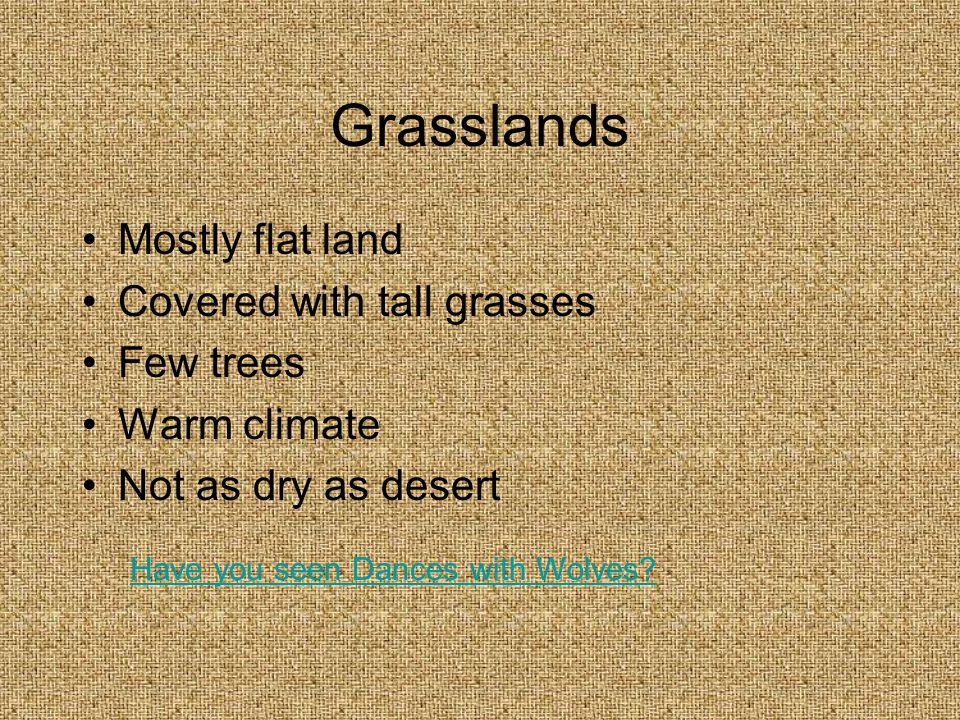 Grasslands Mostly flat land Covered with tall grasses Few trees