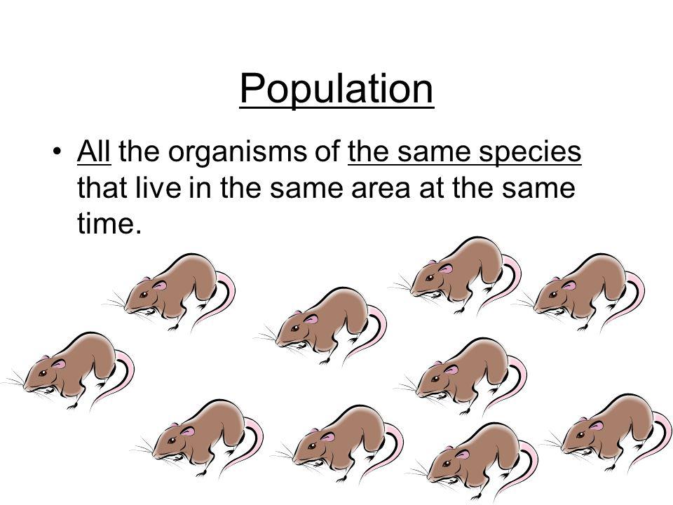Population All the organisms of the same species that live in the same area at the same time.