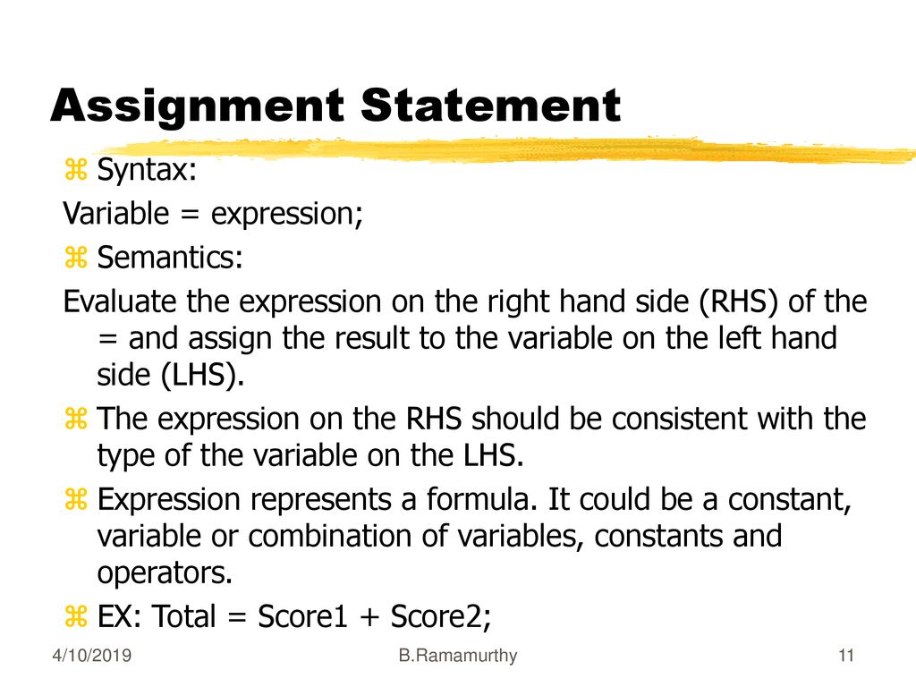 Assignment Statement Syntax: Variable = expression; Semantics: