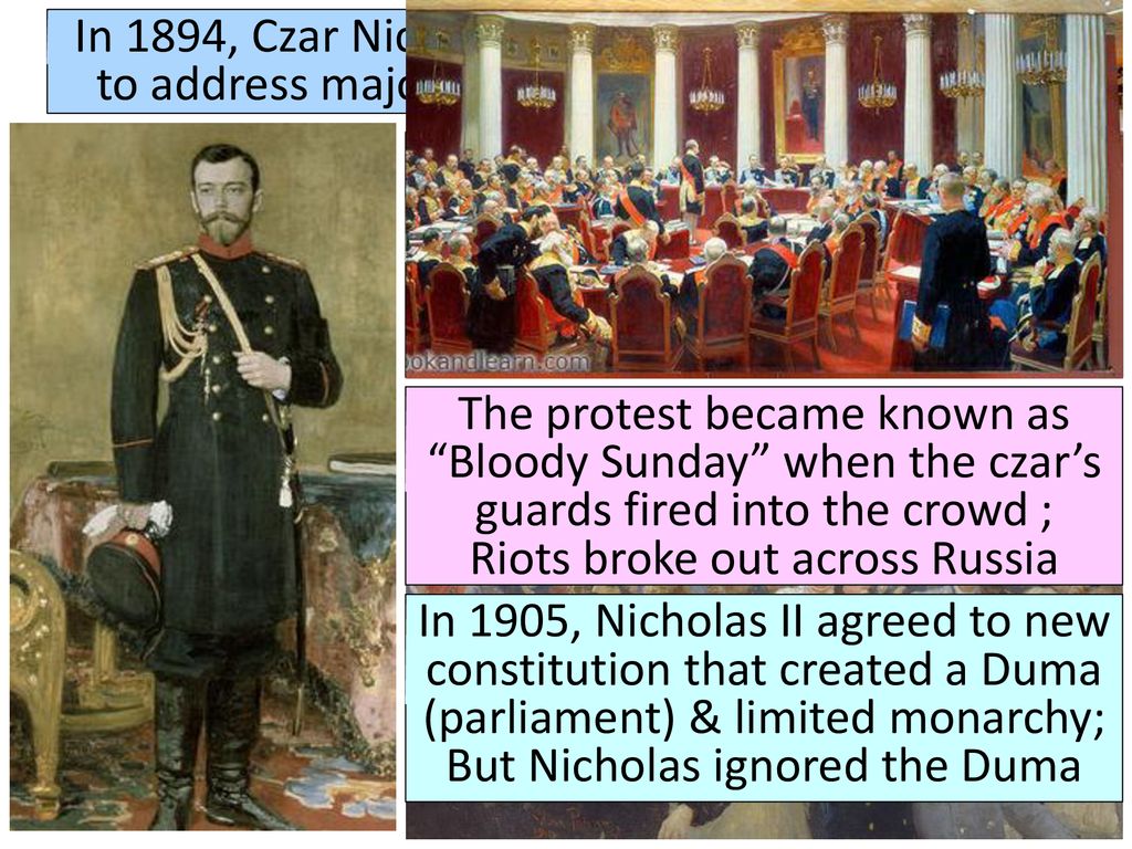 In 1894, Czar Nicolas II came to power but failed to address major problems from 1904 to 1917