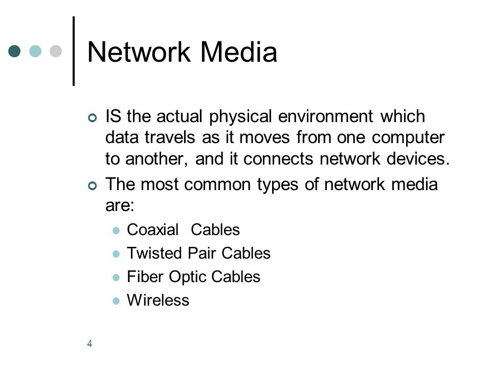 Network Media IS the actual physical environment which data travels as it moves from one computer to another, and it connects network devices.