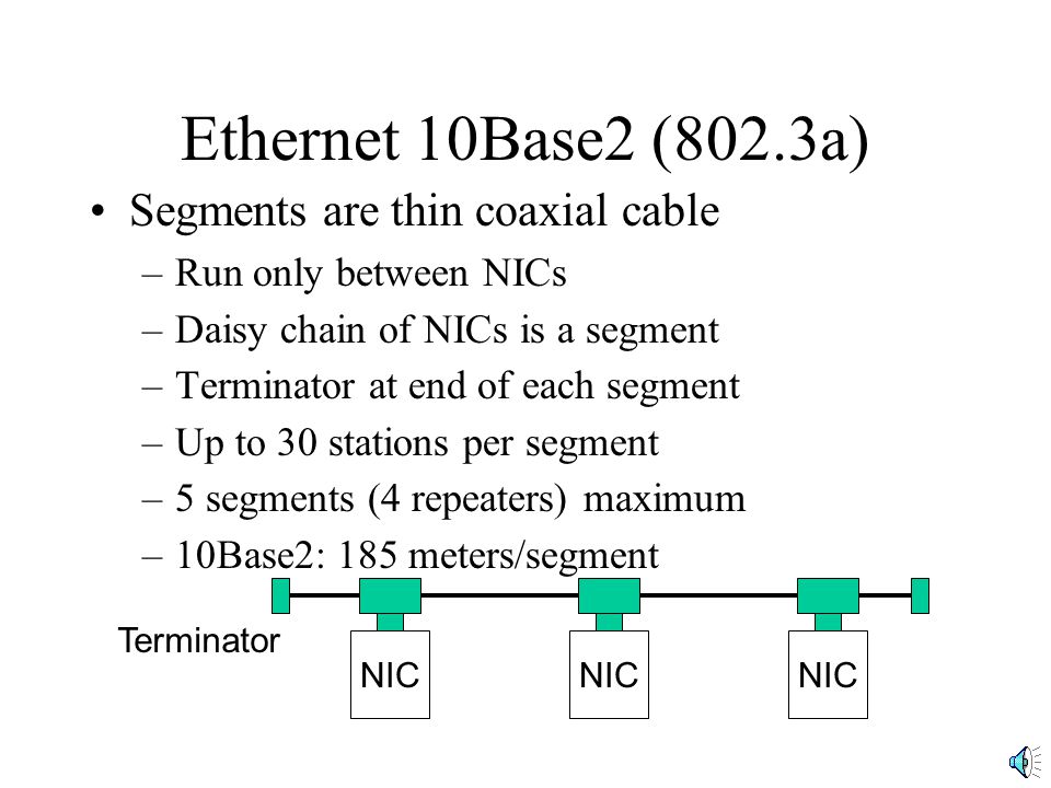 Ethernet 10Base2 (802.3a) Segments are thin coaxial cable