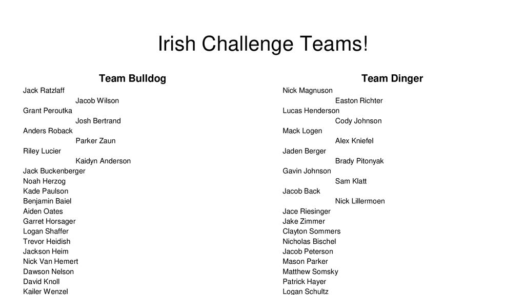 Irish Challenge Teams! Team Bulldog Team Dinger