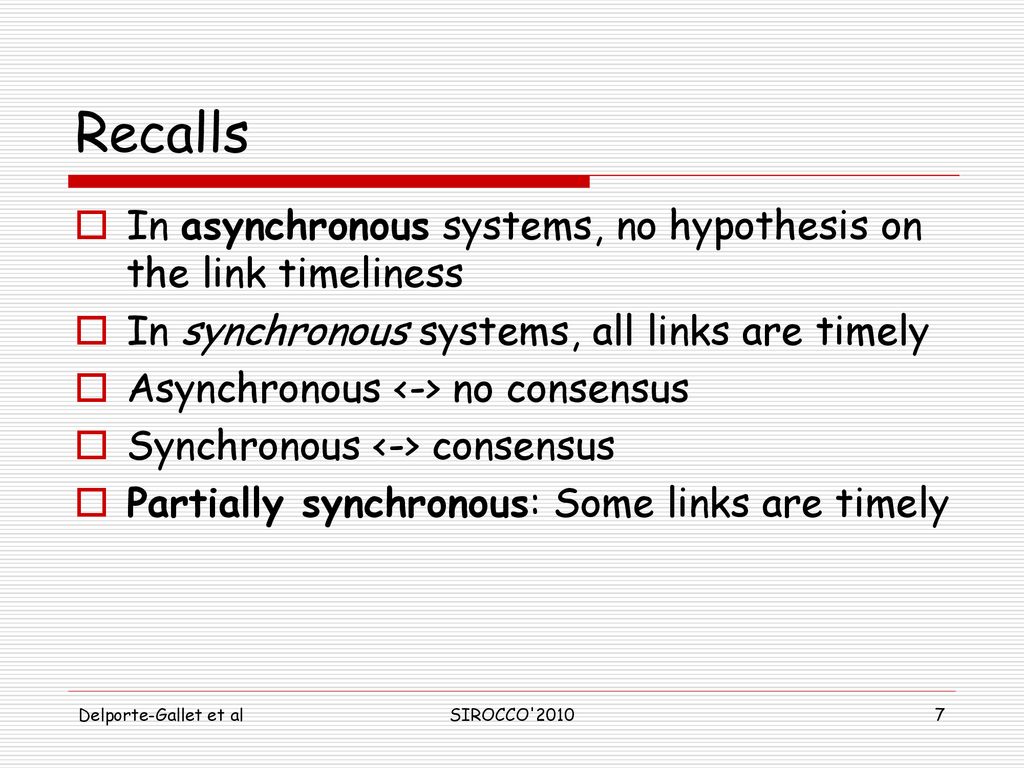 Recalls In asynchronous systems, no hypothesis on the link timeliness