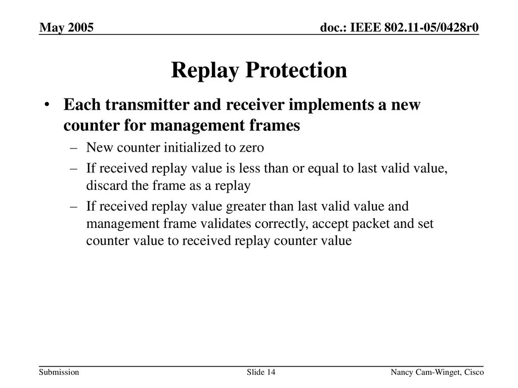 Month Year March May Replay Protection. Each transmitter and receiver implements a new counter for management frames.