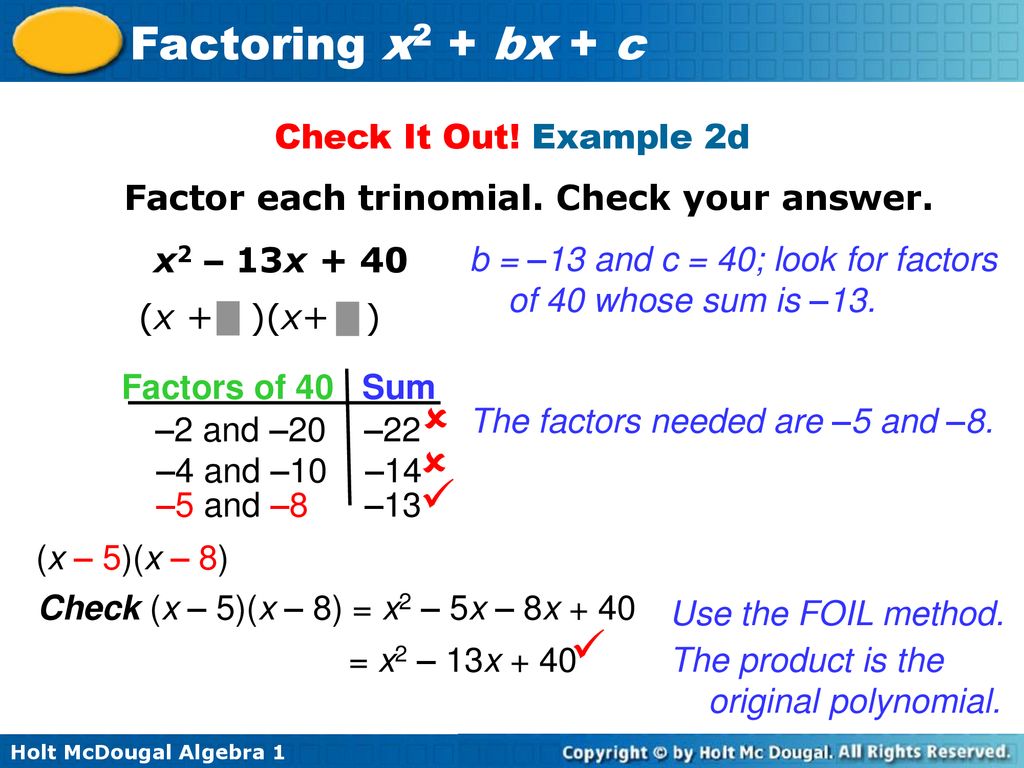 Factoring x2 + bx + c Warm Up Lesson Presentation Lesson Quiz - ppt ...