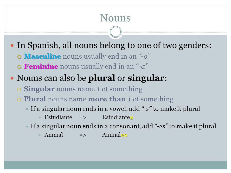 Nouns In Spanish, all nouns belong to one of two genders: