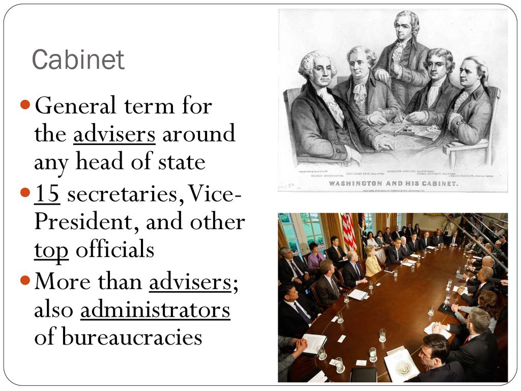 Cabinet General term for the advisers around any head of state. 15 secretaries, Vice- President, and other top officials.