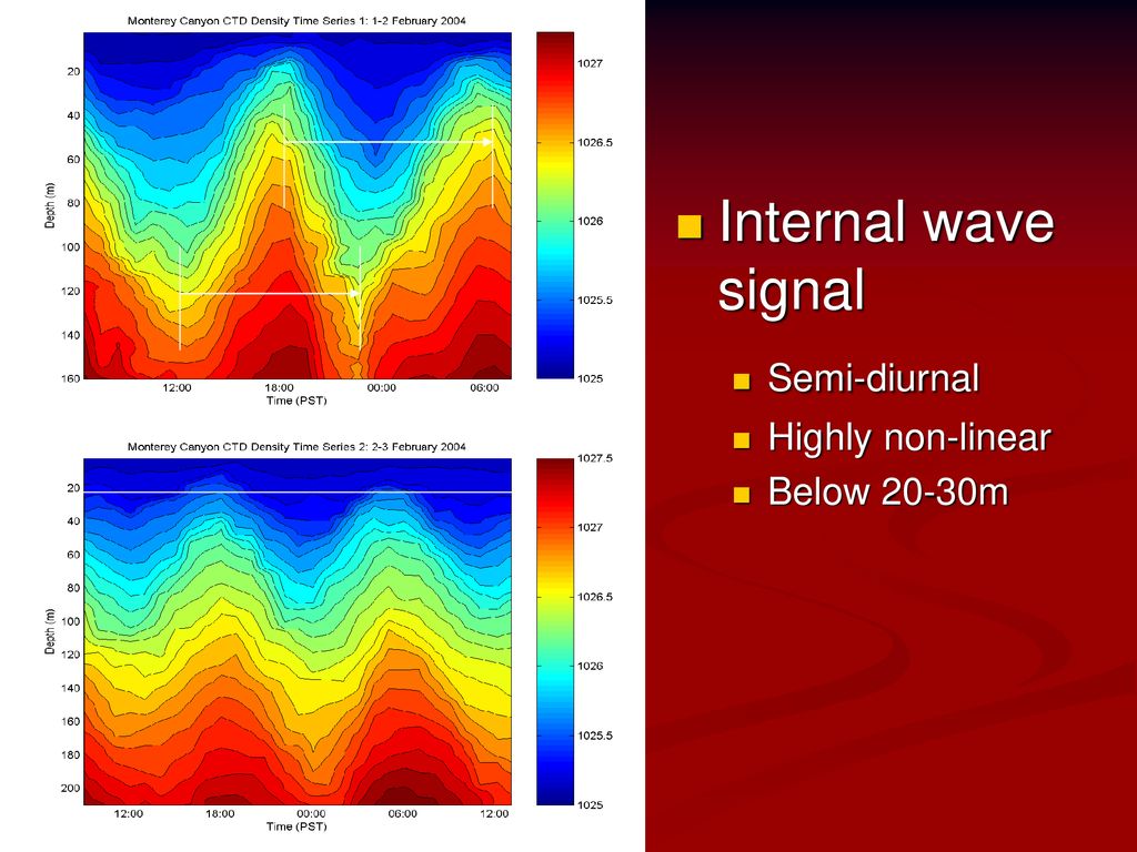 Internal wave signal Semi-diurnal Highly non-linear Below 20-30m