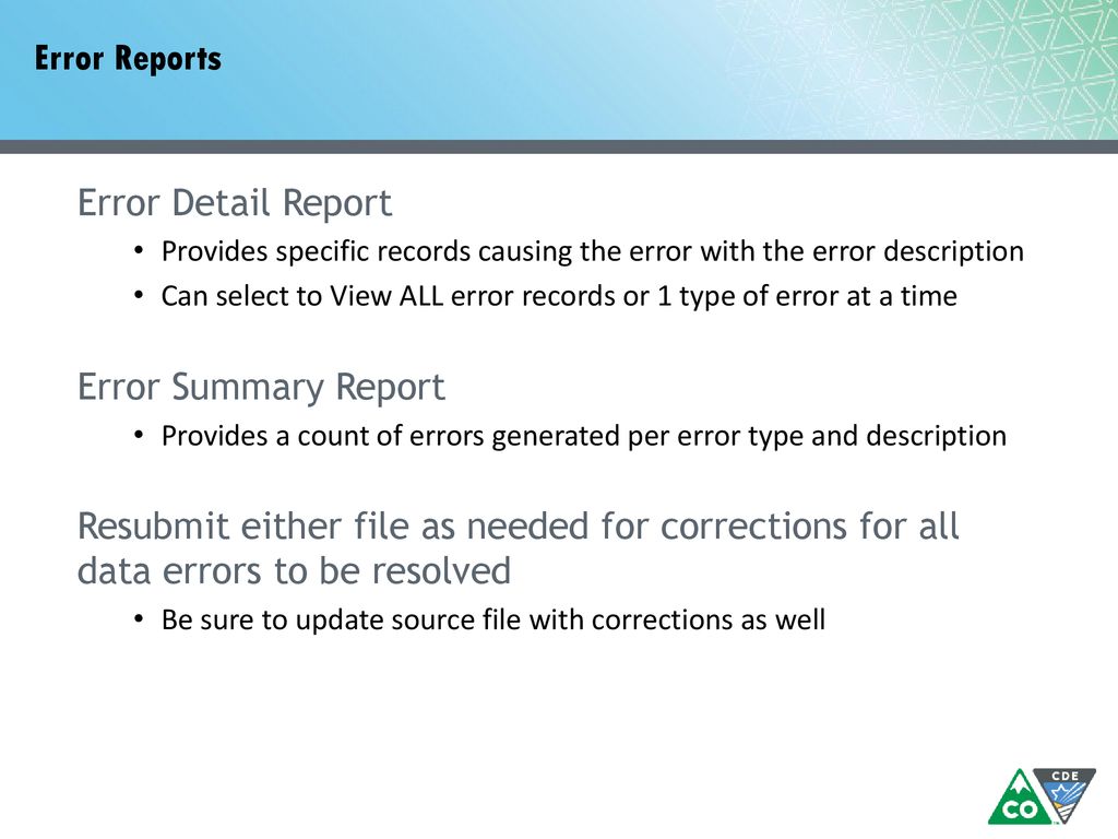 Error Reports Error Detail Report Error Summary Report