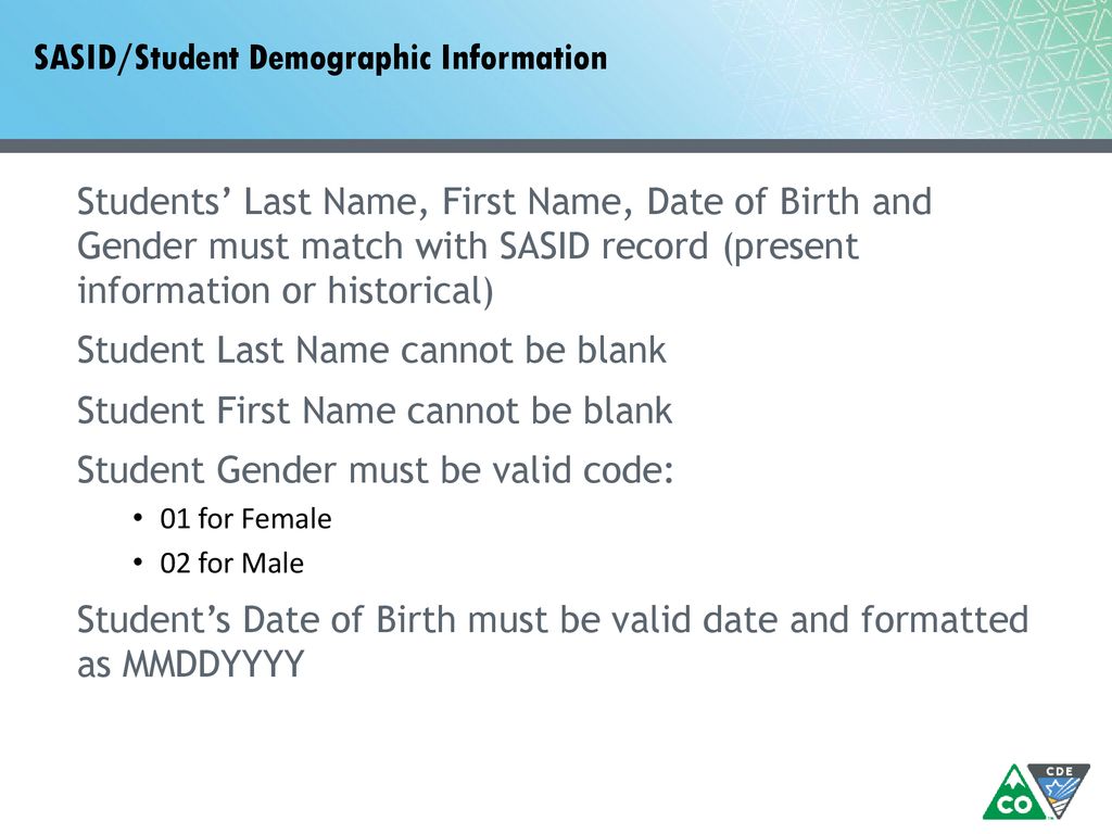 SASID/Student Demographic Information