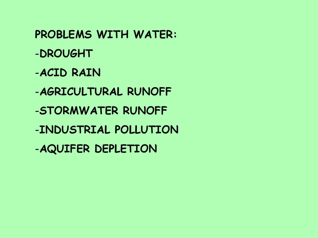PROBLEMS WITH WATER: DROUGHT. ACID RAIN. AGRICULTURAL RUNOFF. STORMWATER RUNOFF. INDUSTRIAL POLLUTION.