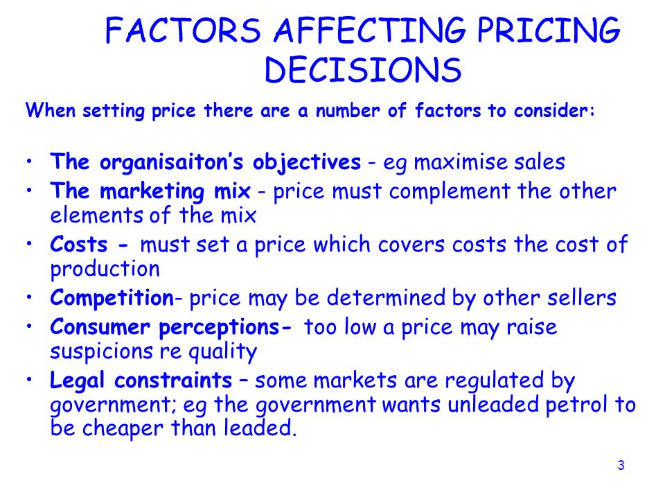 FACTORS AFFECTING PRICING DECISIONS