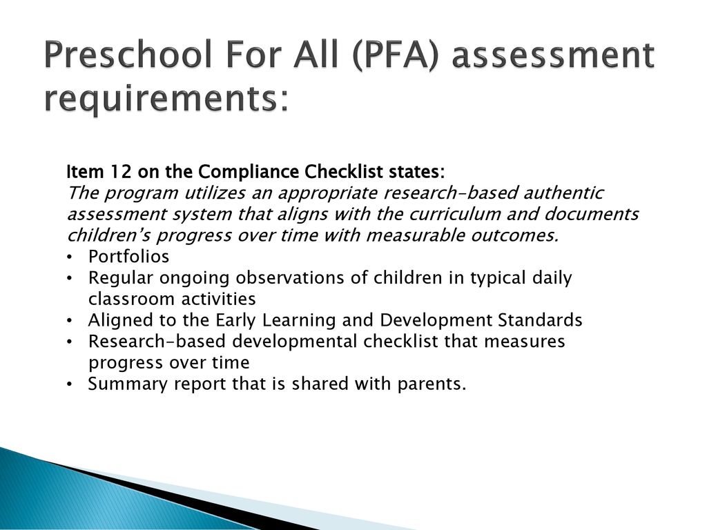 Preschool For All (PFA) assessment requirements: