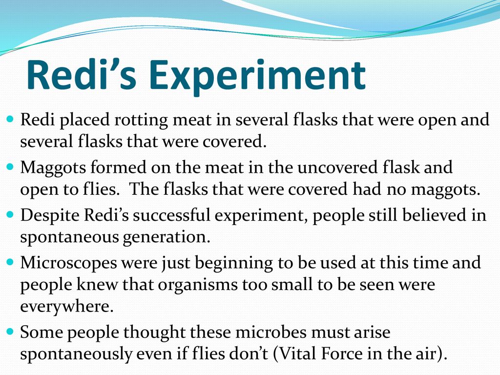 Redi’s Experiment Redi placed rotting meat in several flasks that were open and several flasks that were covered.